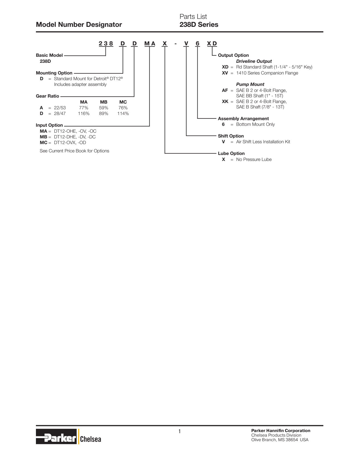 Chelsea PTO 238D Model Number Designation exploded-view diagram
