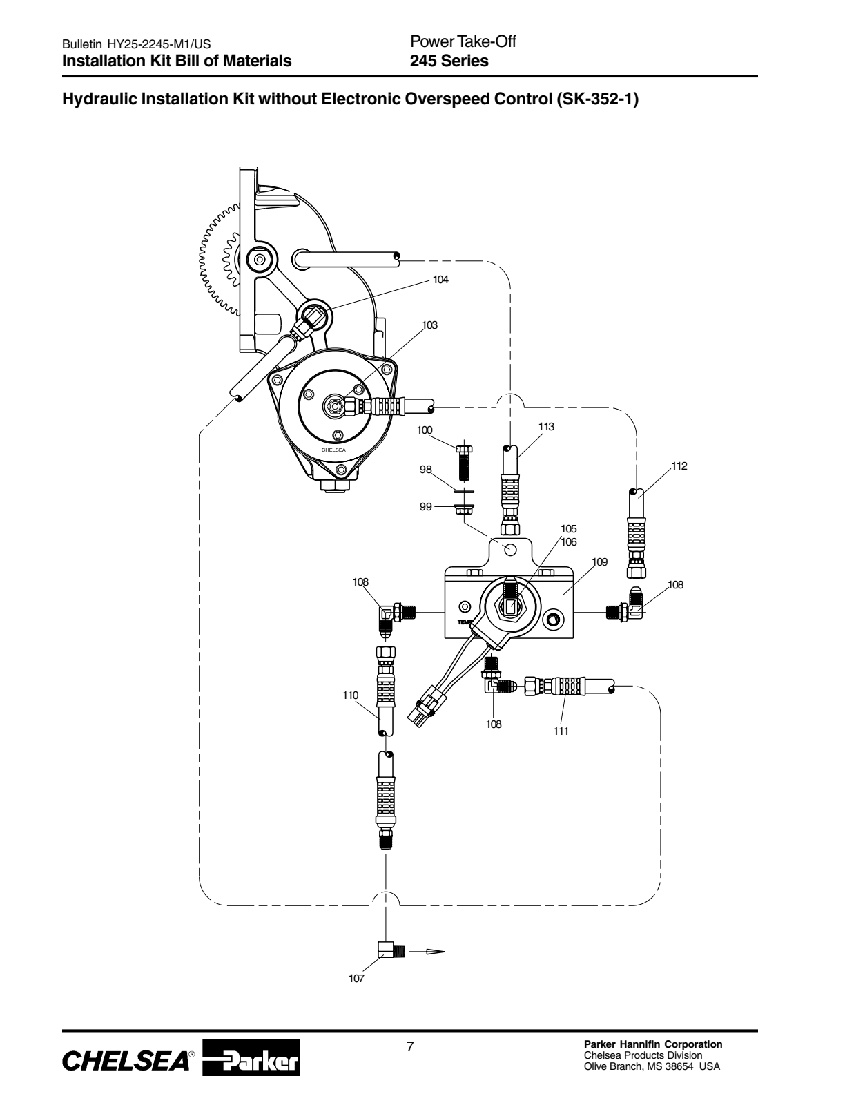 Chelsea PTO 245 PGP511 Pump Conversion Kit Bill of Materials 245 Series exploded-view diagram