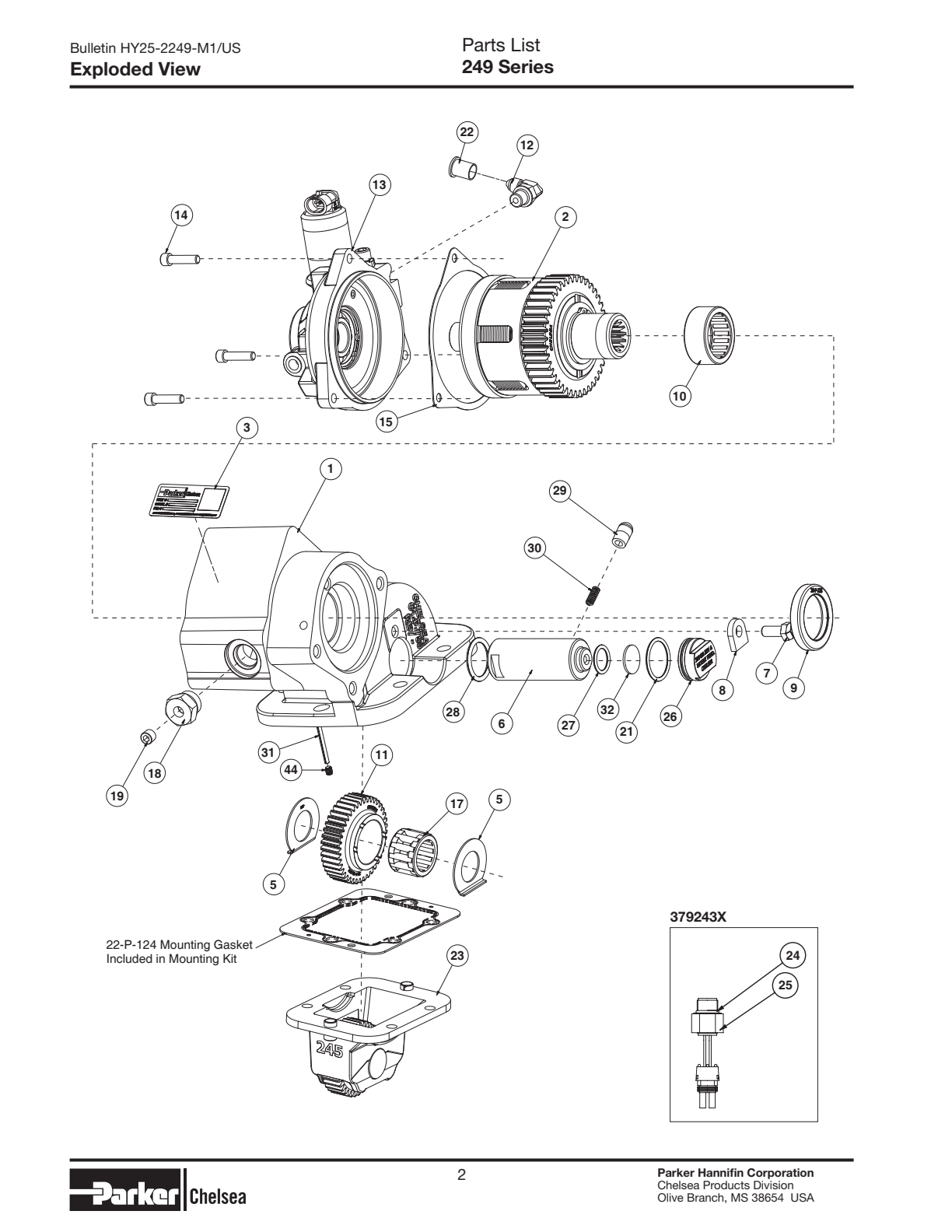 Chelsea PTO 249 Parts List Bill of Materials 249 Series exploded-view diagram