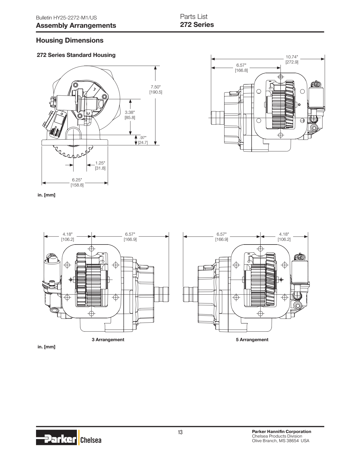 Chelsea PTO 272 Assembly Arrangements 272/282 Series Housing Dimensions exploded-view diagram