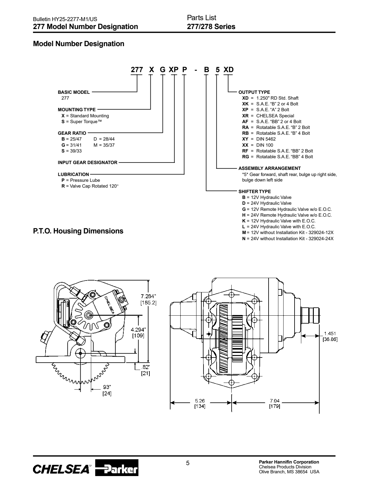 Chelsea PTO 277 Model Number Designation exploded-view diagram