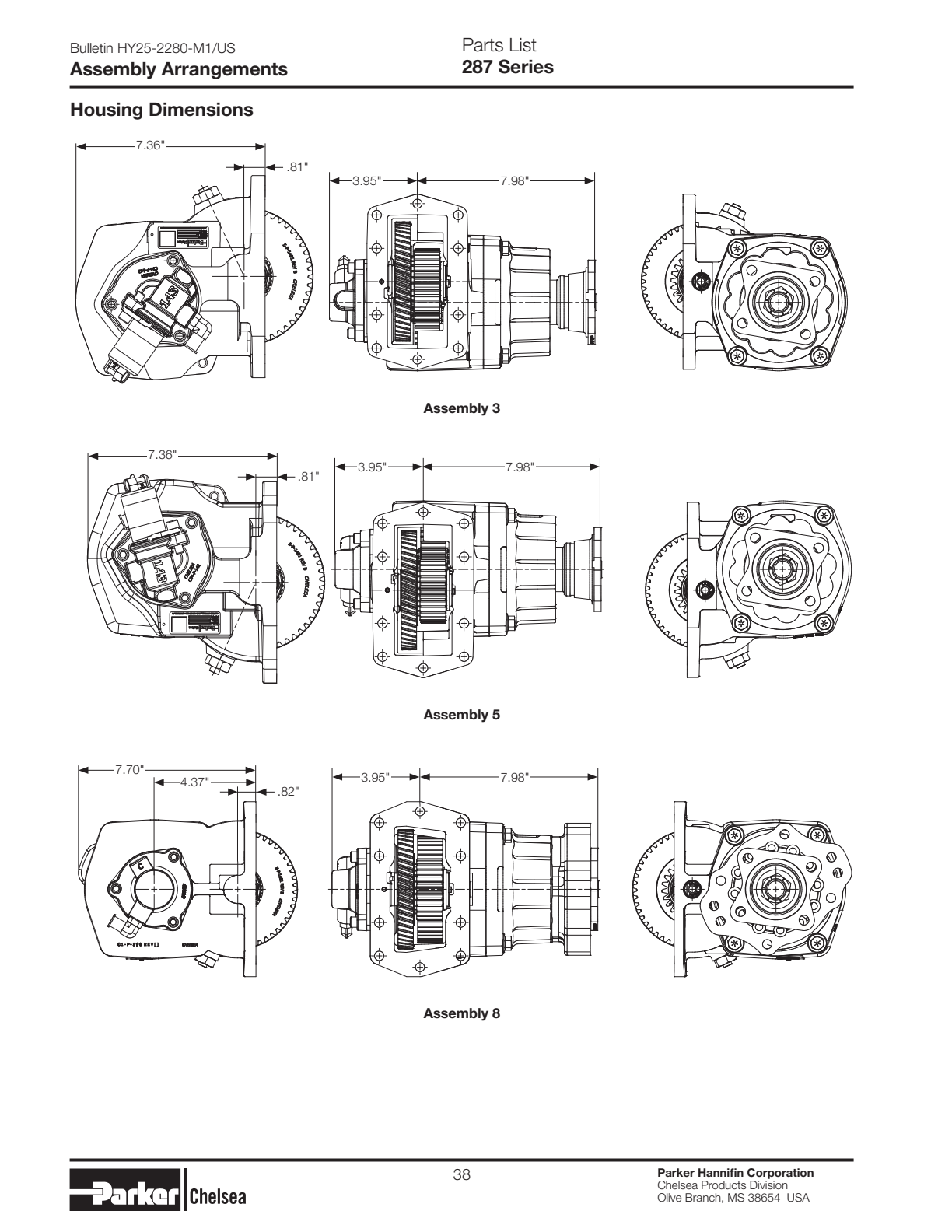 Chelsea PTO 287 Output Options 287 Series Direct Mount Pump Flange & Shaft Dimensions Companion Flange Mounts & Shaft Dimensions exploded-view diagram