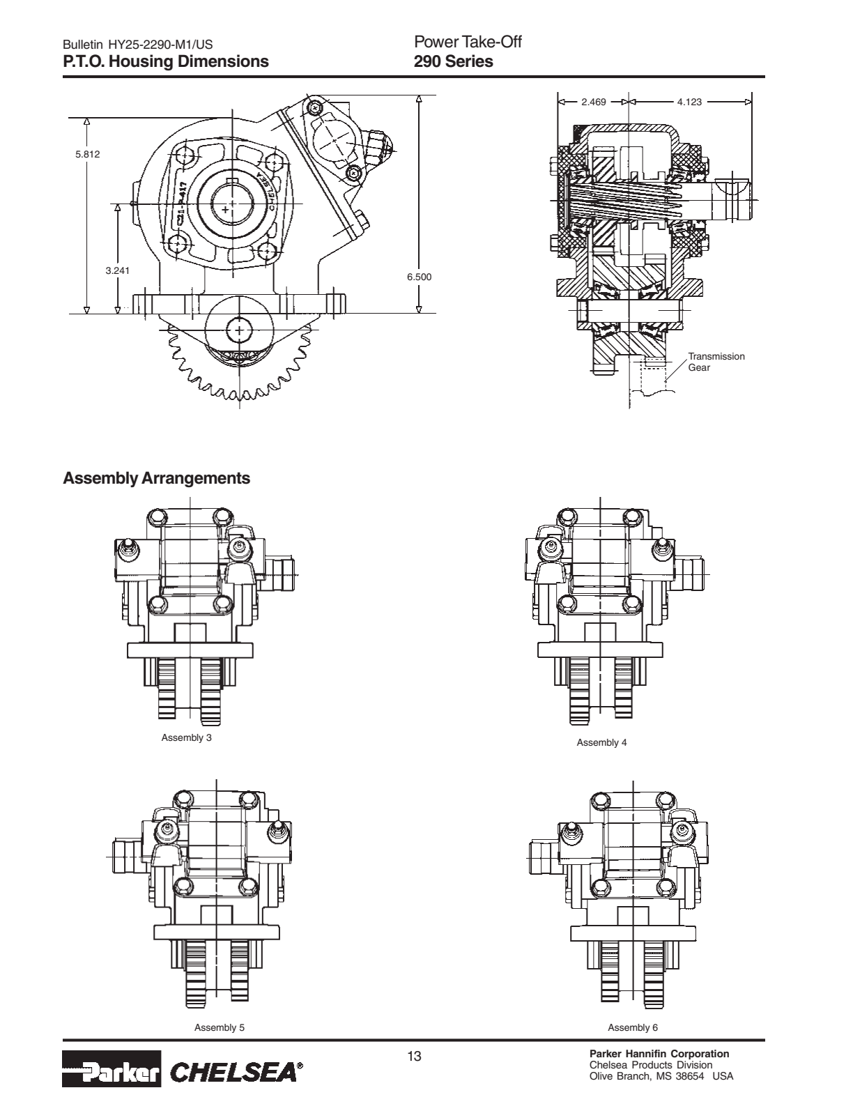 Chelsea PTO 290 Pump Flange & Shaft Dimensions 290 Series exploded-view diagram