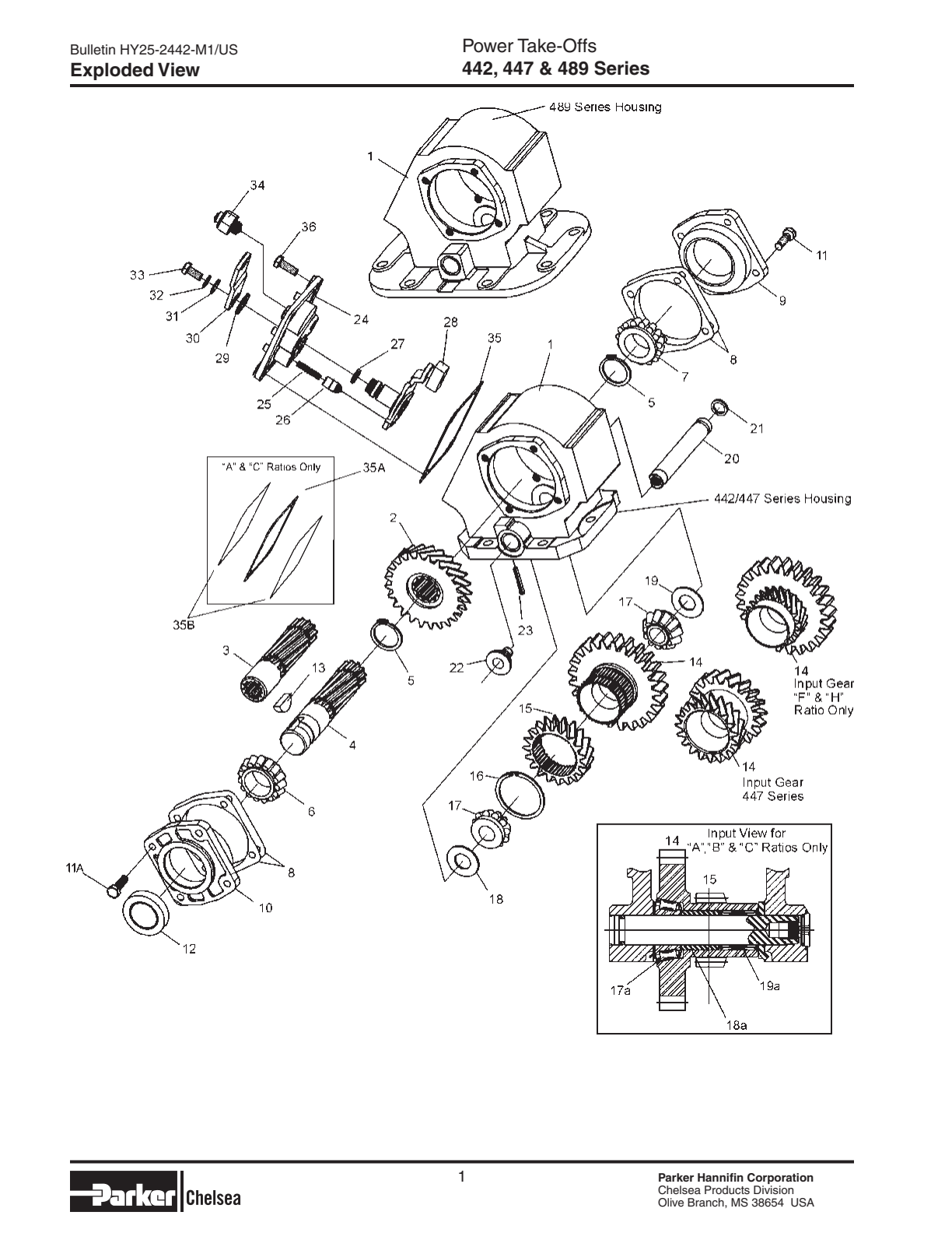 Chelsea PTO 442 Bill of Materials 442, 447 & 489 Series exploded-view diagram