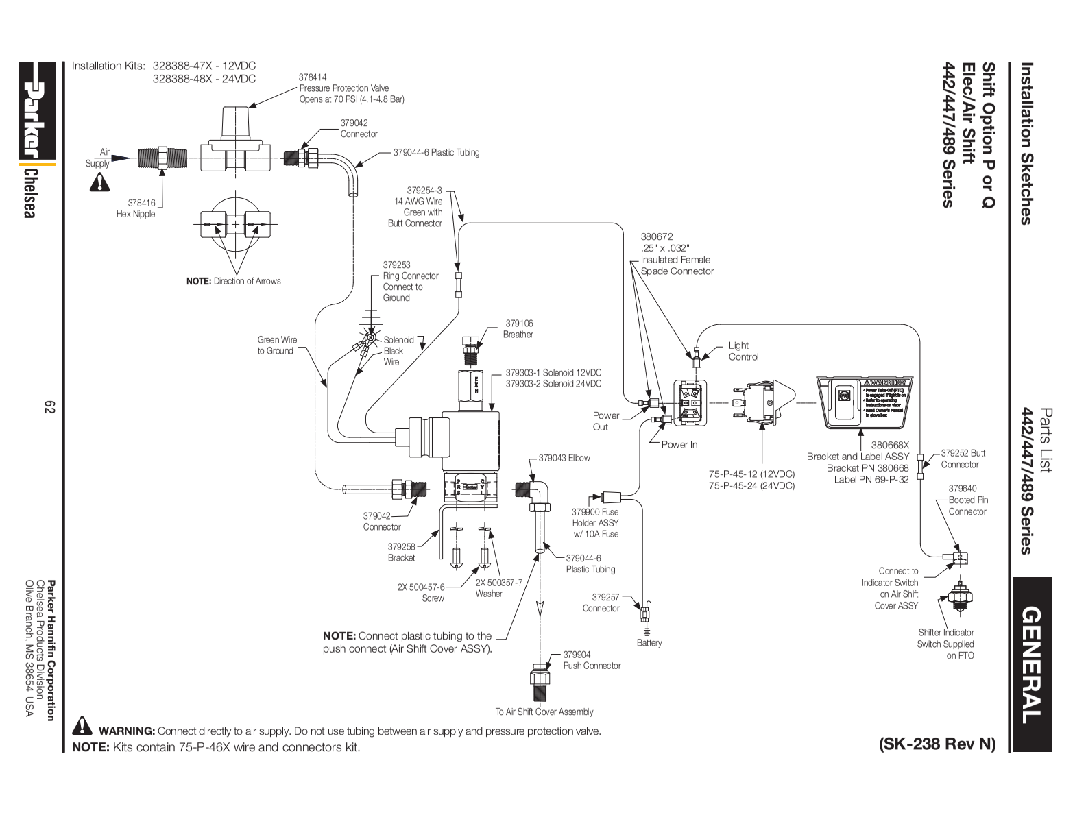 Chelsea PTO 442 Shifter Kits 442, 447 & 489 Series for P.t.o.’s Ordered Without the Shifter (shifter Type “H ”), the Kits Shown Below Will Provide All the Components Required to Complete the Assembly exploded-view diagram