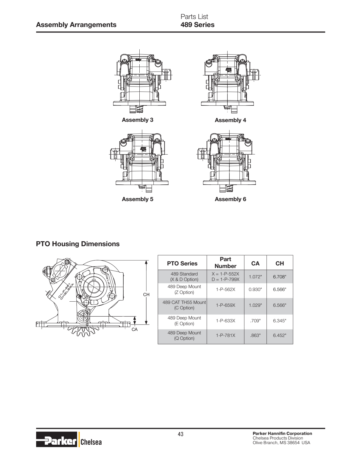 Chelsea PTO 489 Output Options Bill of Materials 442, 447 & 489 Series exploded-view diagram