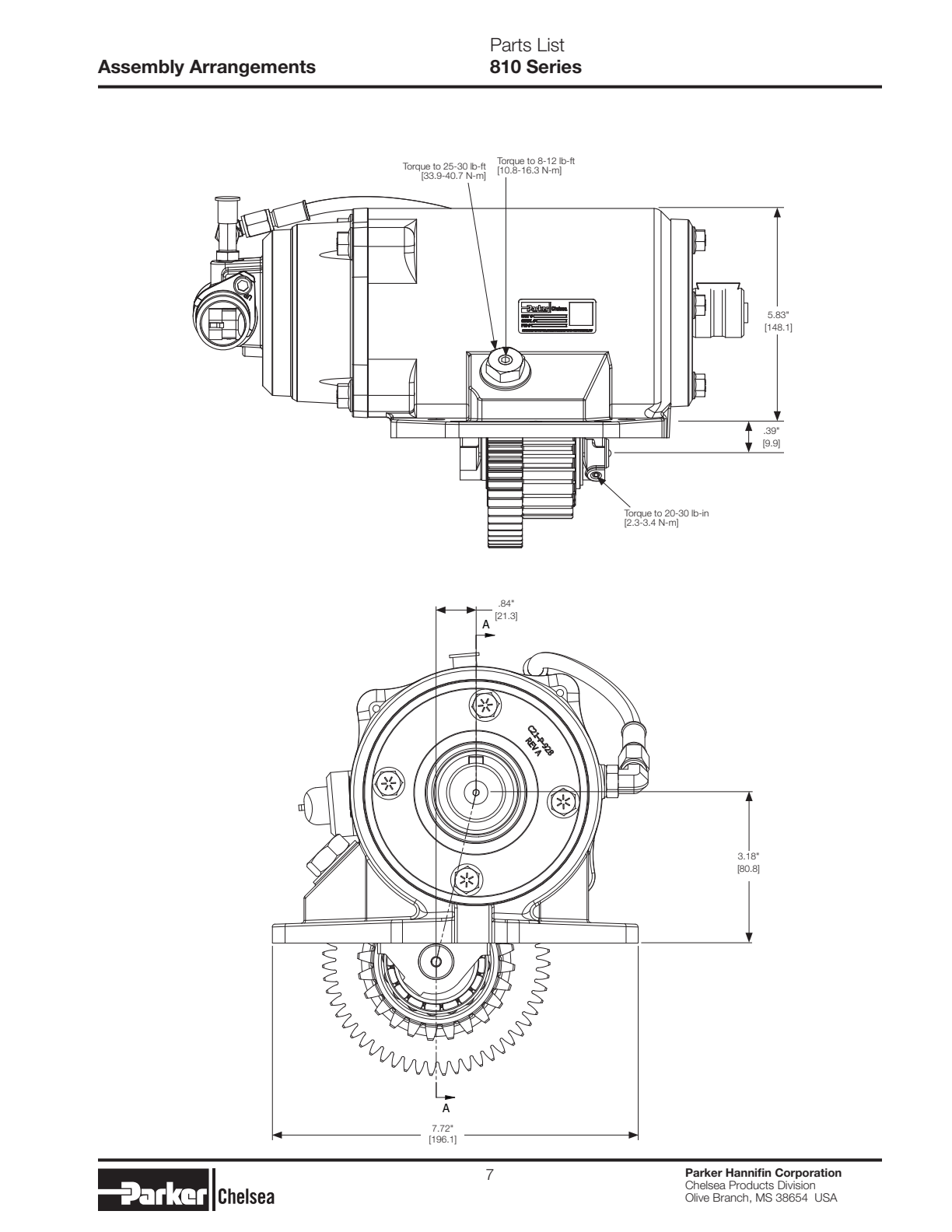 Chelsea PTO 810 Output Options 810 Series Bill of Materials Pump Mount exploded-view diagram