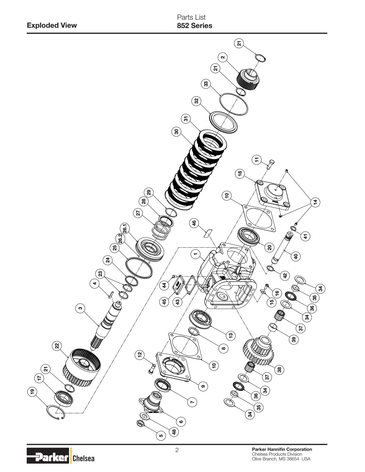Chelsea PTO 852 Parts List Bill of Materials 852 Series exploded-view diagram