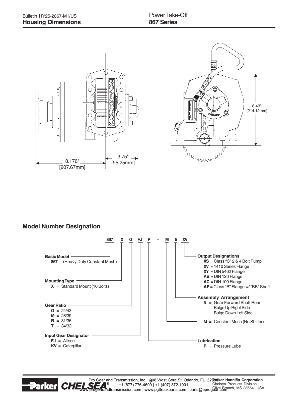 Chelsea PTO 867 Model Number Designation exploded-view diagram