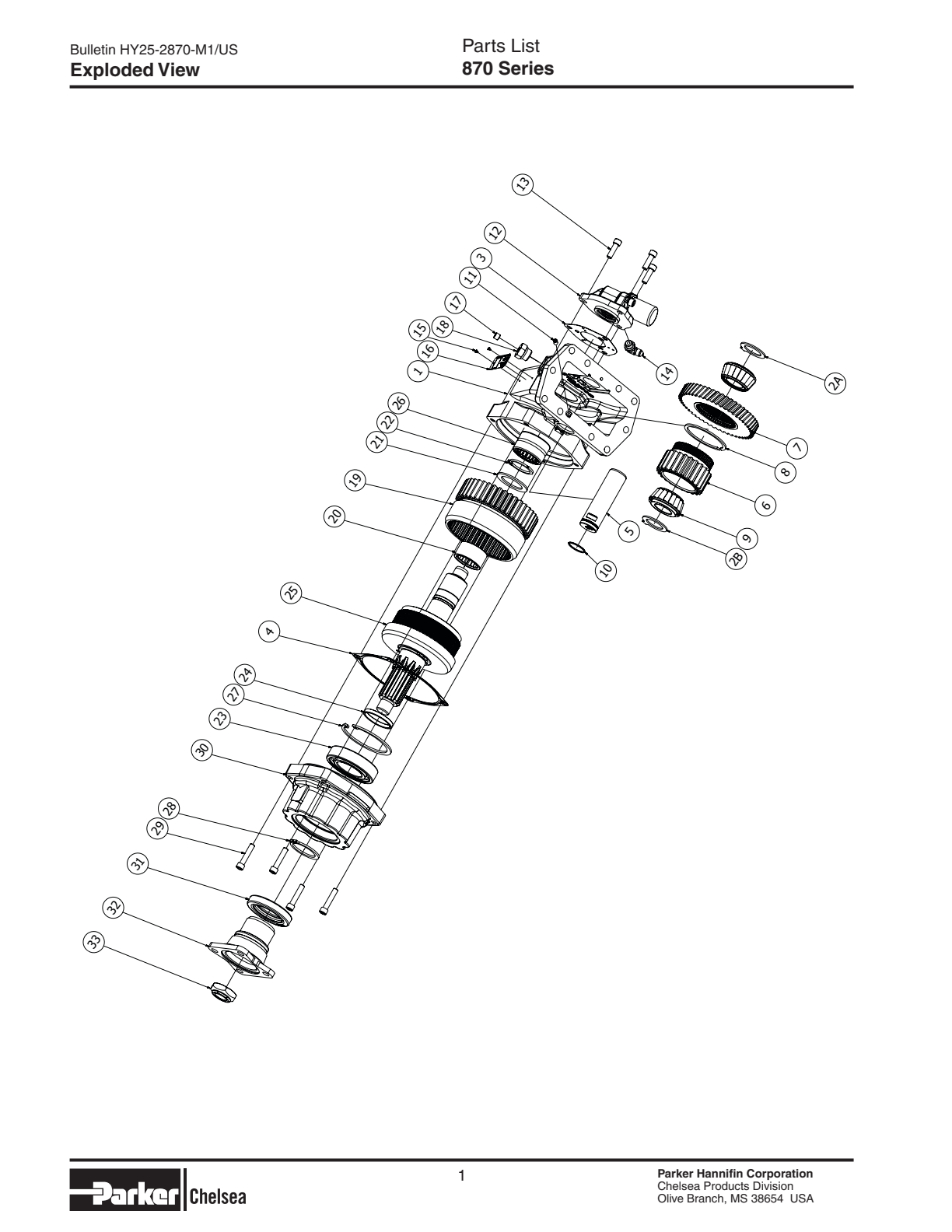 Chelsea PTO 870 Parts List Bill of Materials 870 Series exploded-view diagram