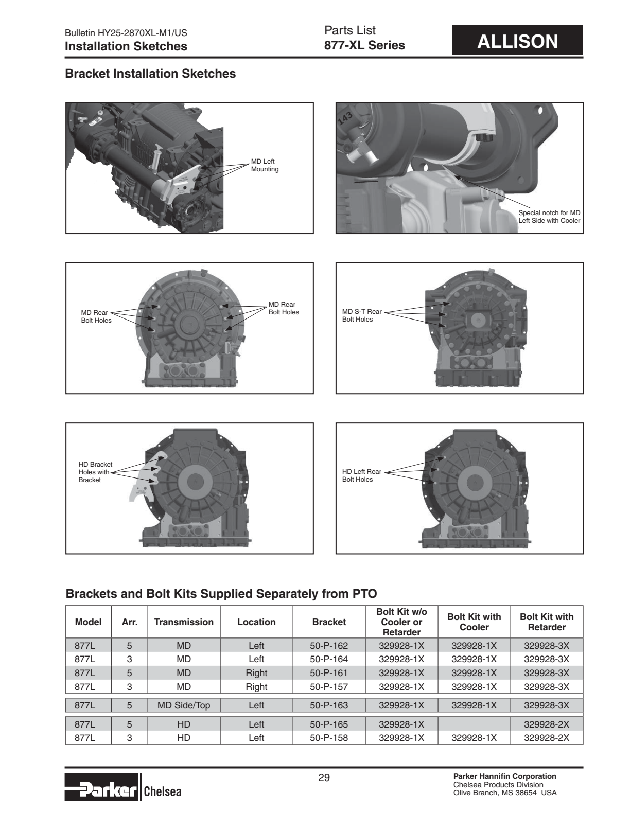 Chelsea PTO 877L Parts List Kits Bill of Materials 870-XL/877-XL Series exploded-view diagram
