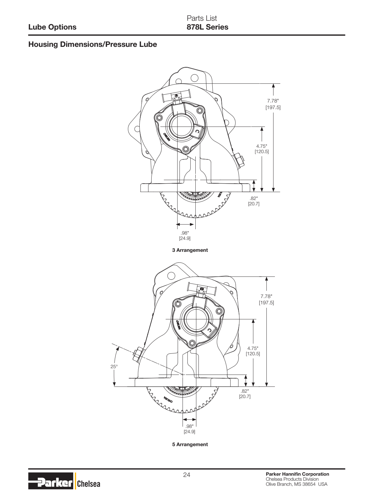 Chelsea PTO 878L Output Options 878L Series Pump Flange & Shaft Dimensions exploded-view diagram