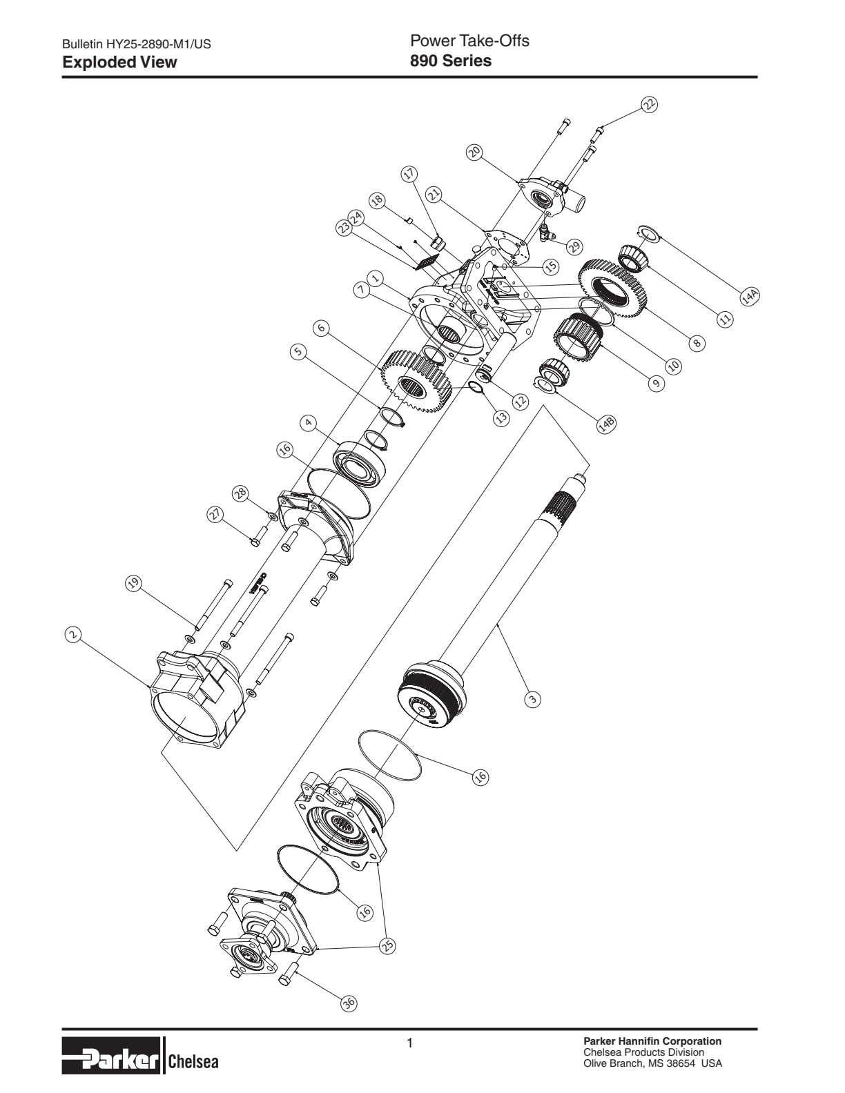 Chelsea PTO 890 Power Take-Offs Bill of Materials 890 Series exploded-view diagram