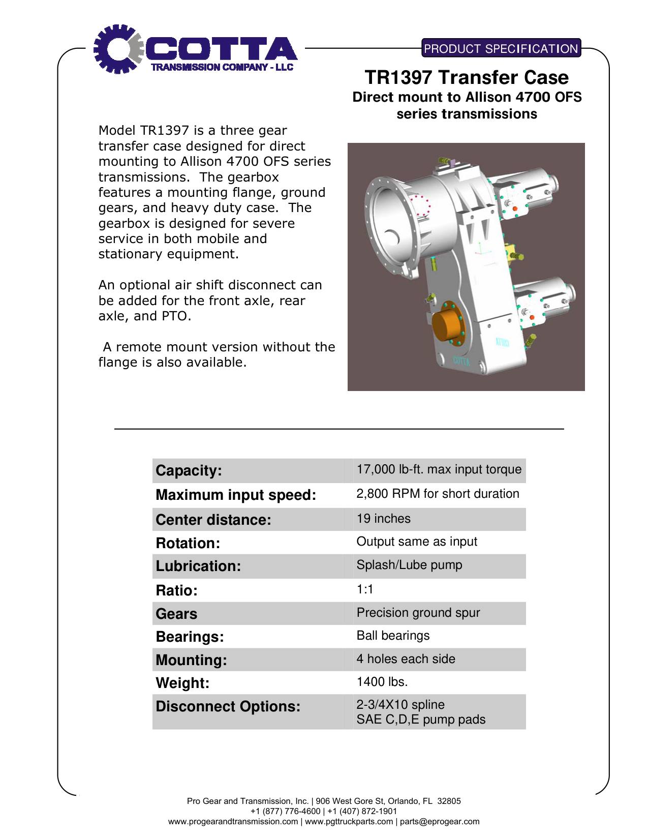 Cotta TRANSFERCASE-TR1397 Parts Manual page 2: Direct mount to Allison 4700 OFS