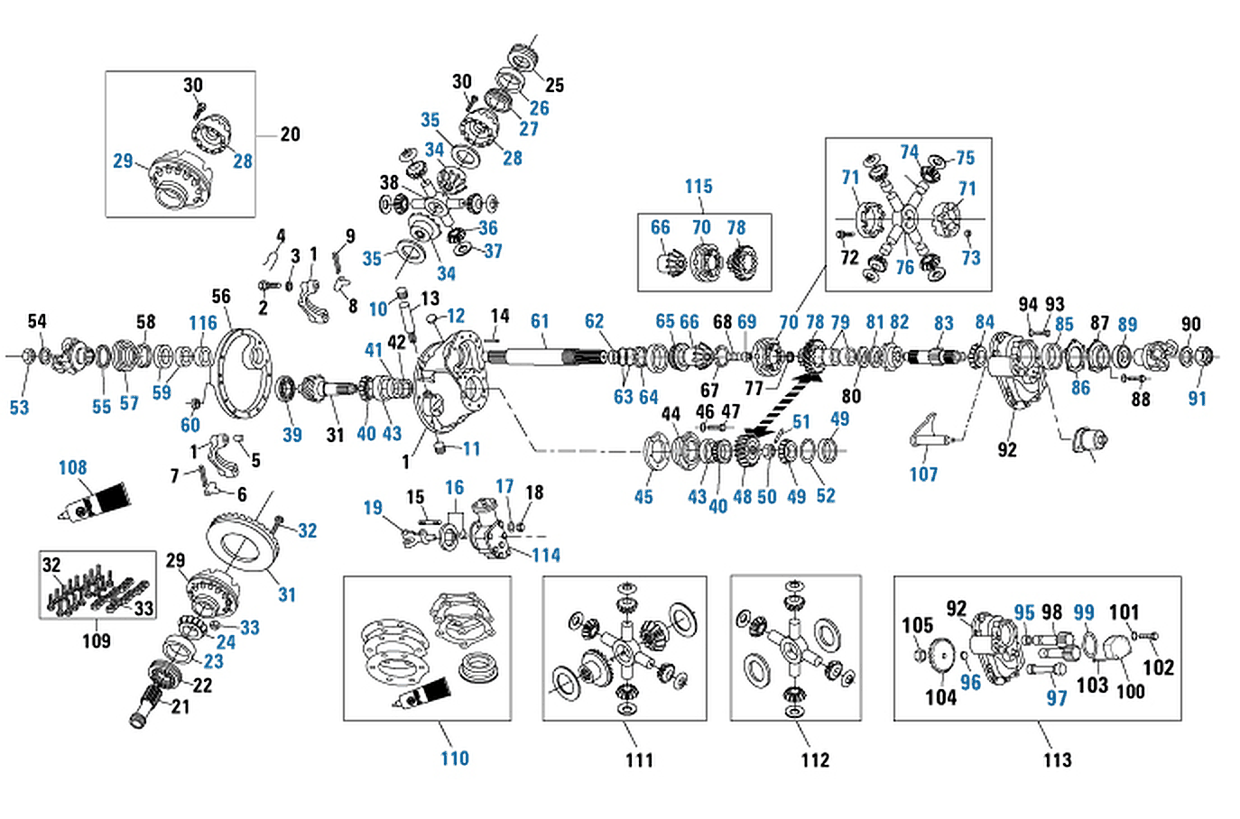 Dana Spicer DS/RS 461, 521, 581, 601 Tandem Drive Axle Forward-Rear Differential exploded-view diagram