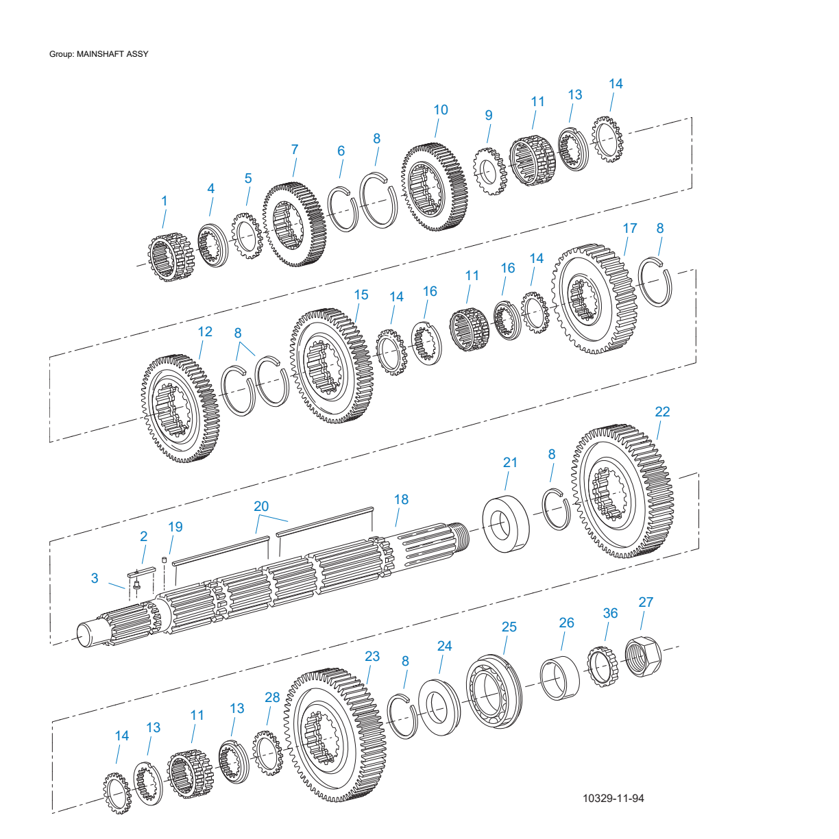 Eaton Fuller T-8607A Mainshaft Assy exploded-view diagram