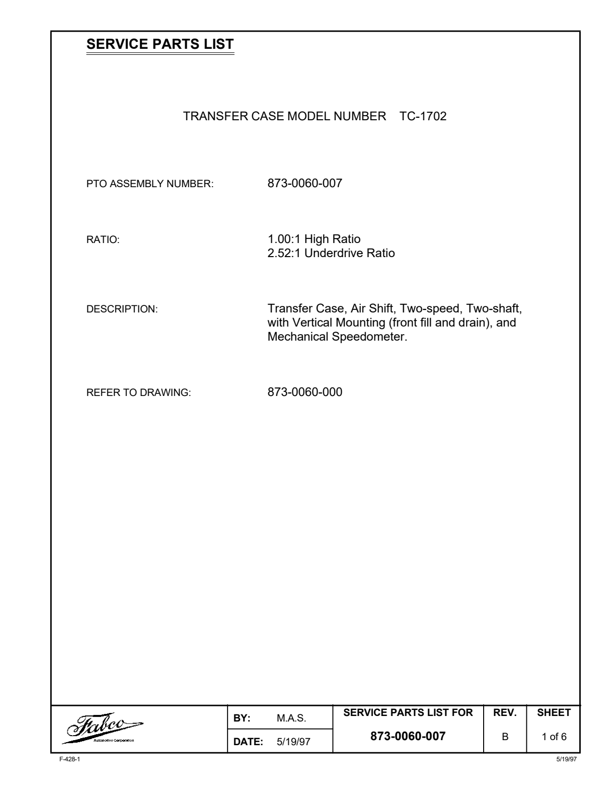 Diagrama de despiece: Lista de partes de servicio, caja de transferencia modelo Tc- 1702, Fabco TC-1702