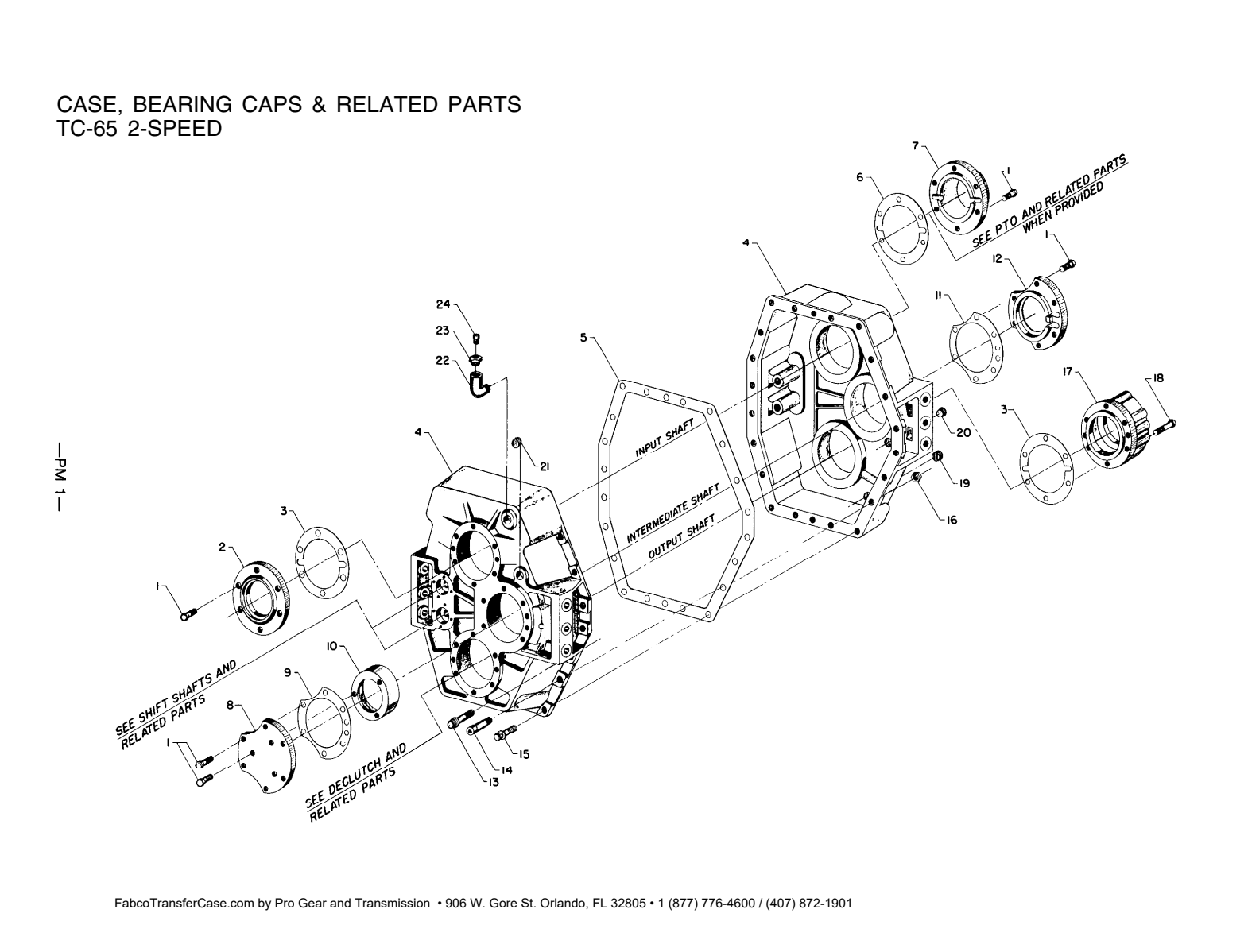 Fabco Transfer Case TC-65-80-110 Case, Bearing Caps And Related Parts Tc-65 2-Speed exploded-view diagram