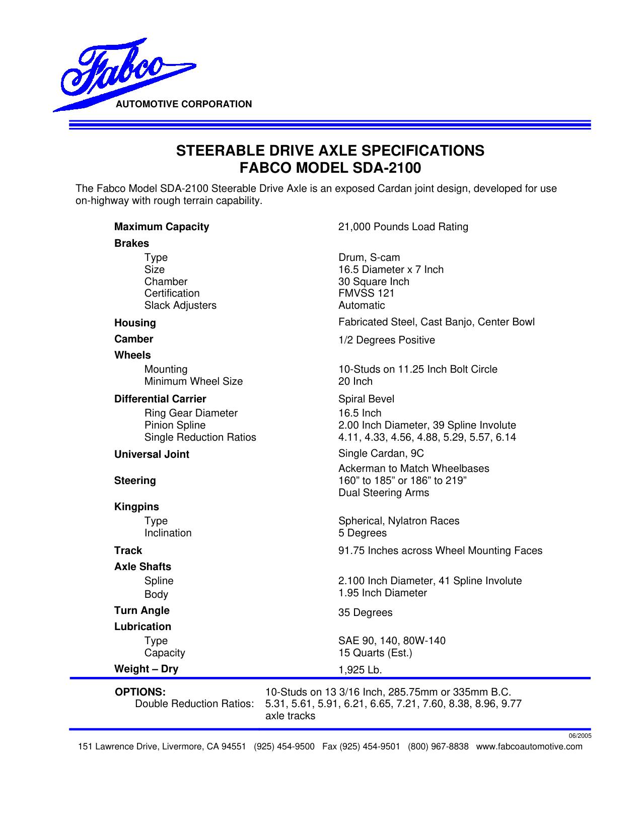 Fabco SDA-2100 Steerable Drive Axle Specifications page 1