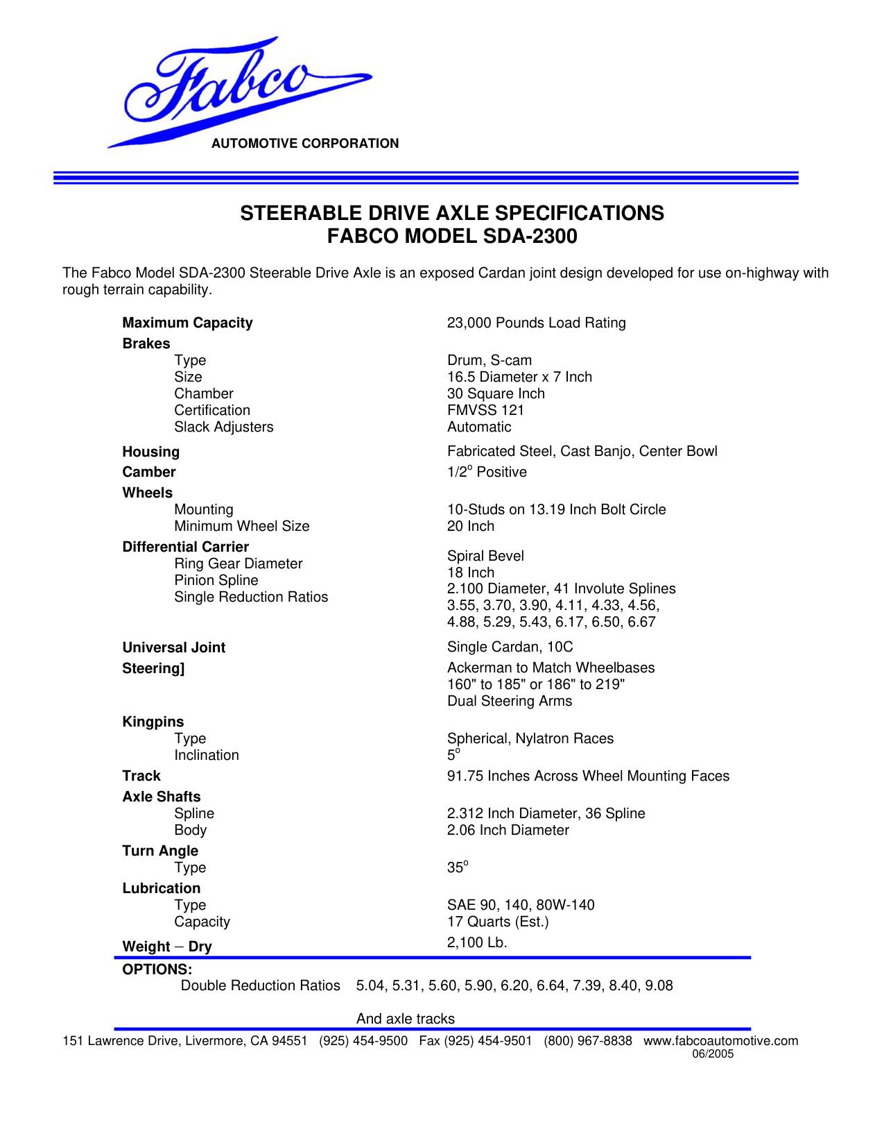 Fabco SDA-2300 Steerable Drive Axle Specifications page 1: Automotive Corporation