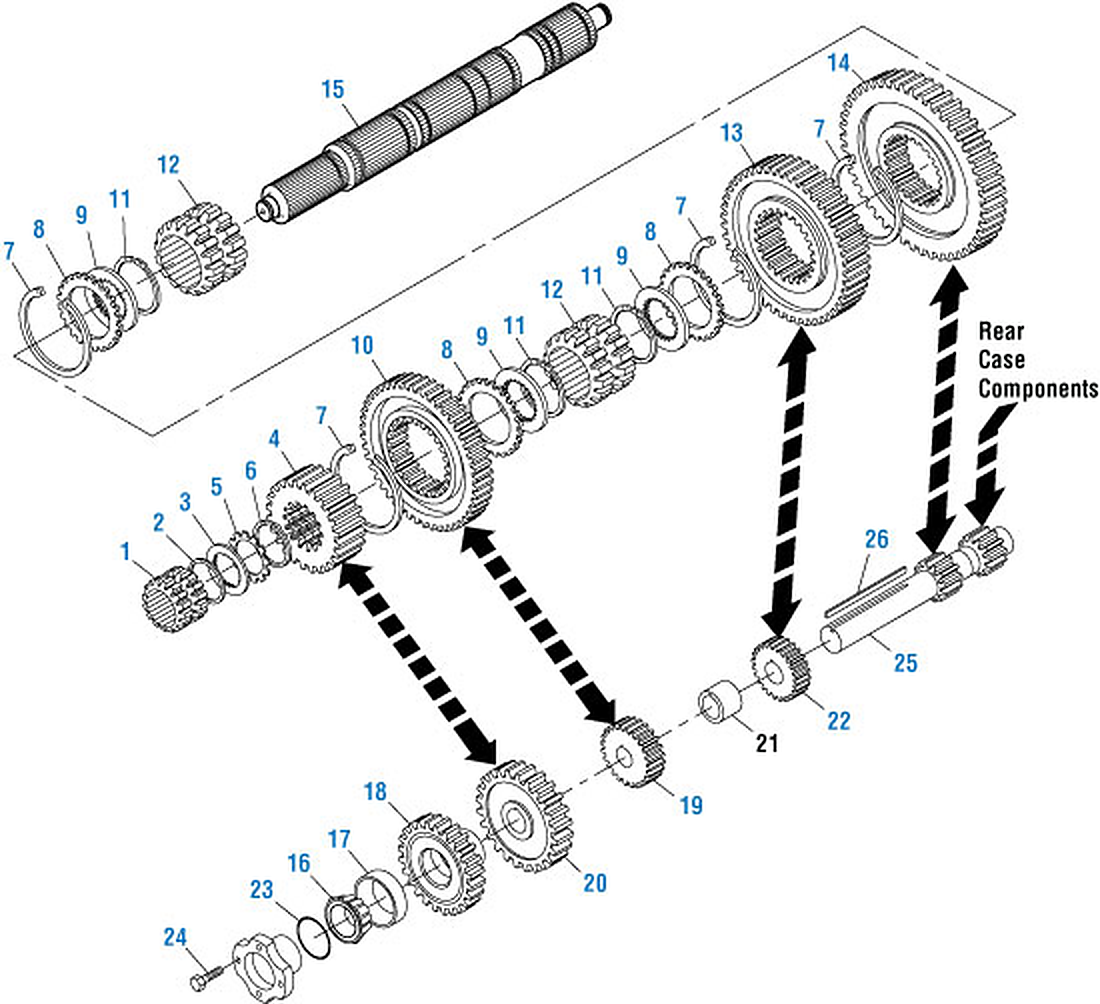 Mack T2070B / T2070D Transmission Main Case Components - Long Rear Case, Multi-Speed Reverse, Rear Mounted Main Shifter exploded-view diagram
