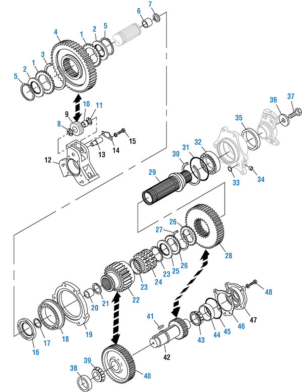 Mack T2070B / T2070D Transmission Rear Case Components exploded-view diagram