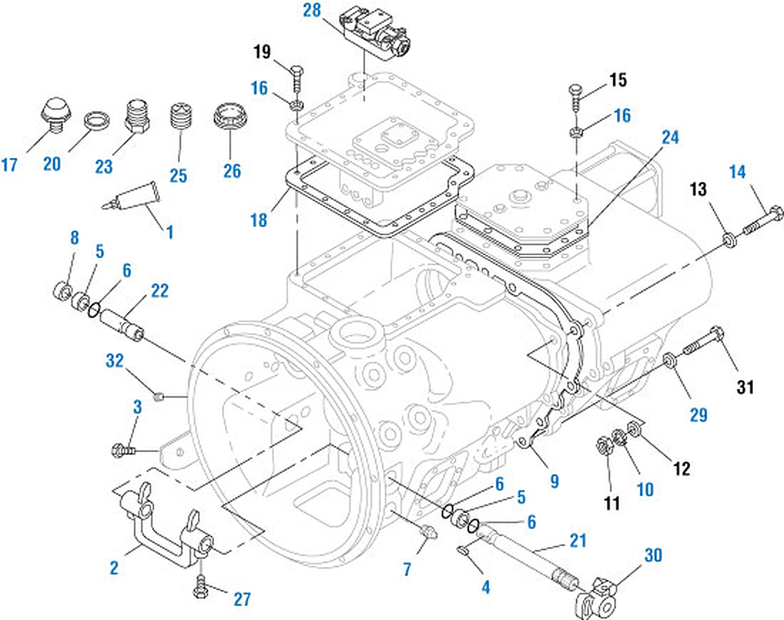 Mack T2110B / T2110D Transmission Compound and Main Case Assembly exploded-view diagram