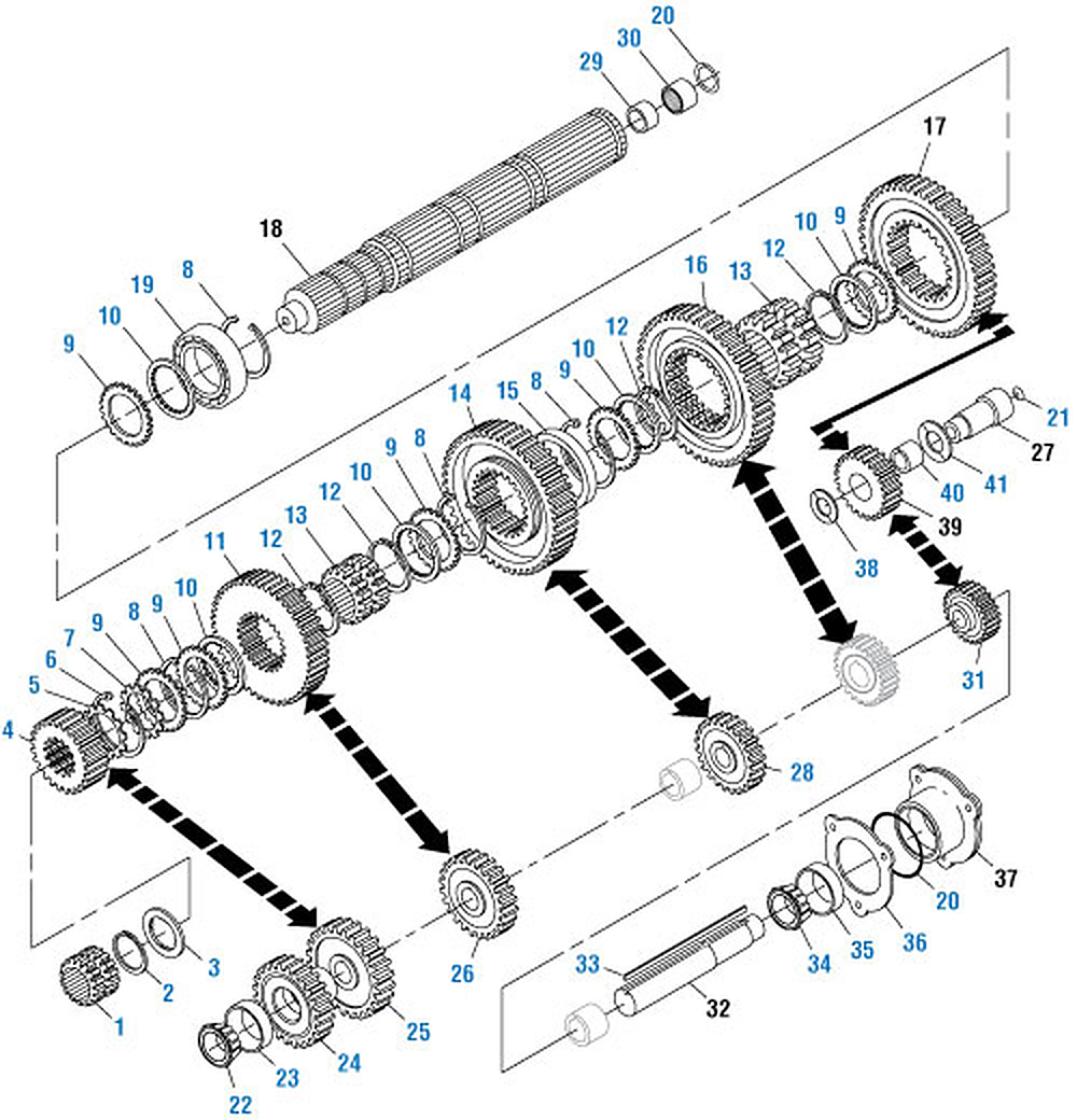Mack T2110B / T2110D Transmission Main Case Components exploded-view diagram