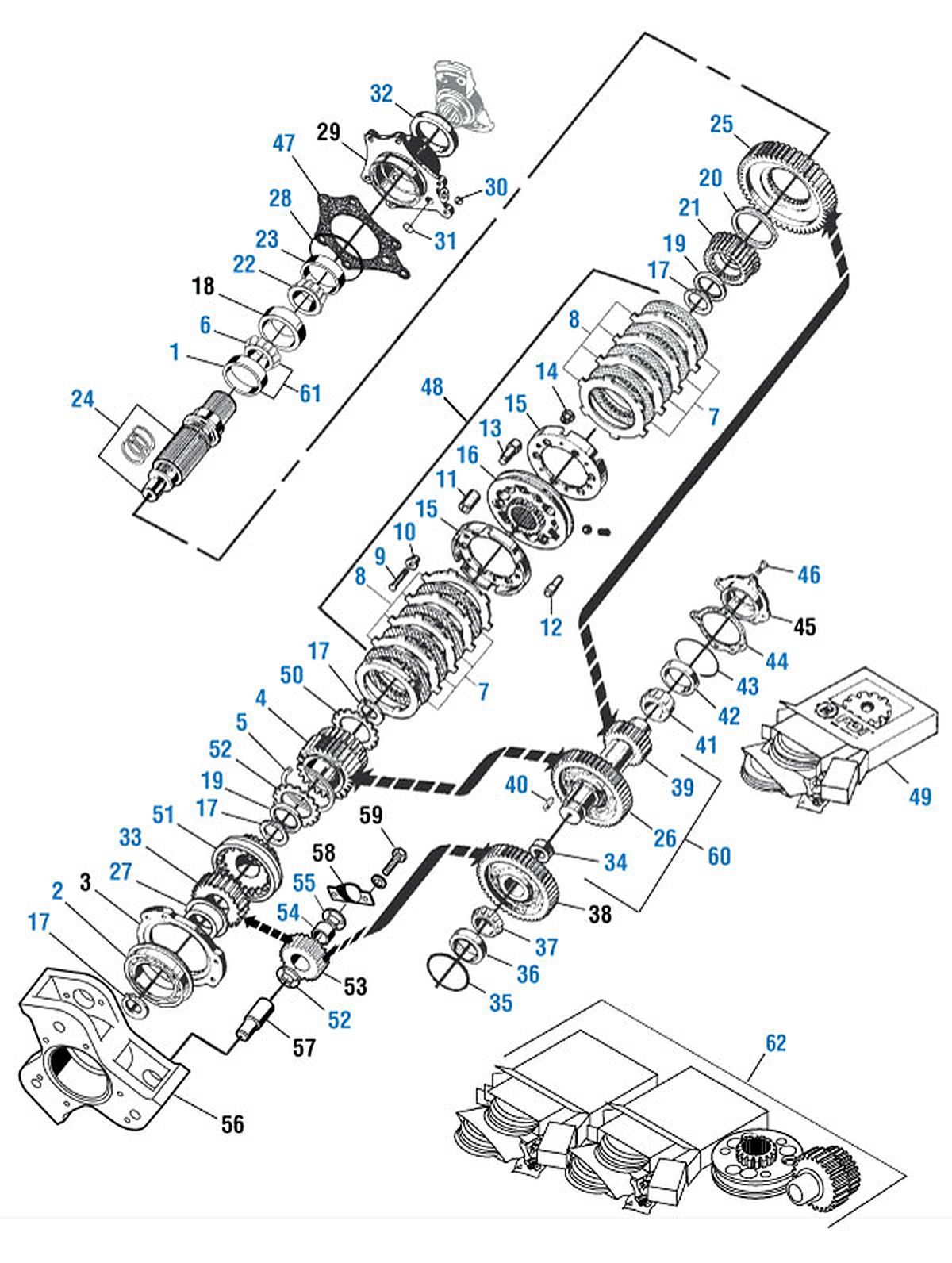 Mack T2110B / T2110D Transmission Rear Case Components exploded-view diagram
