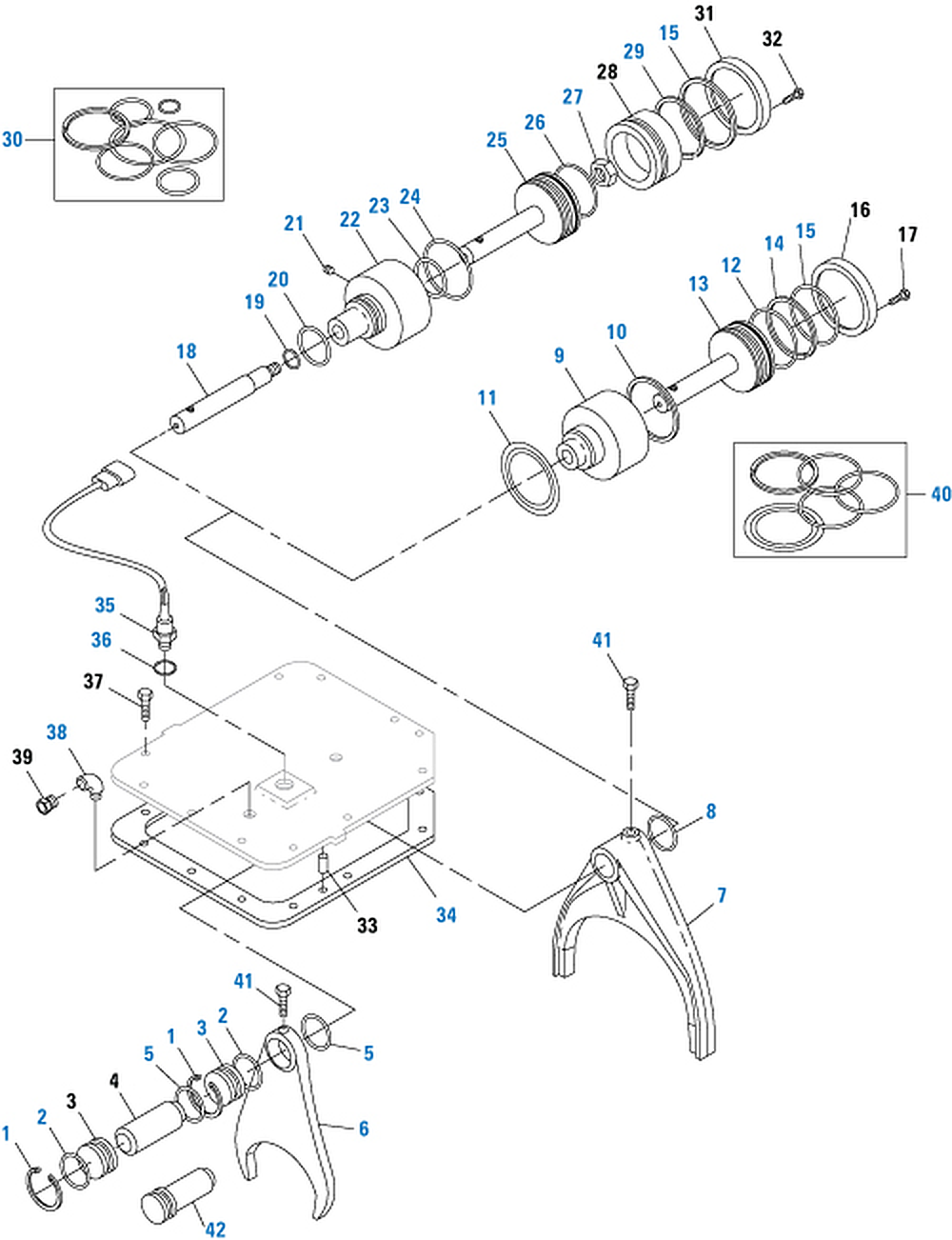Mack T2110B / T2110D Transmission Rear Shifter Components exploded-view diagram