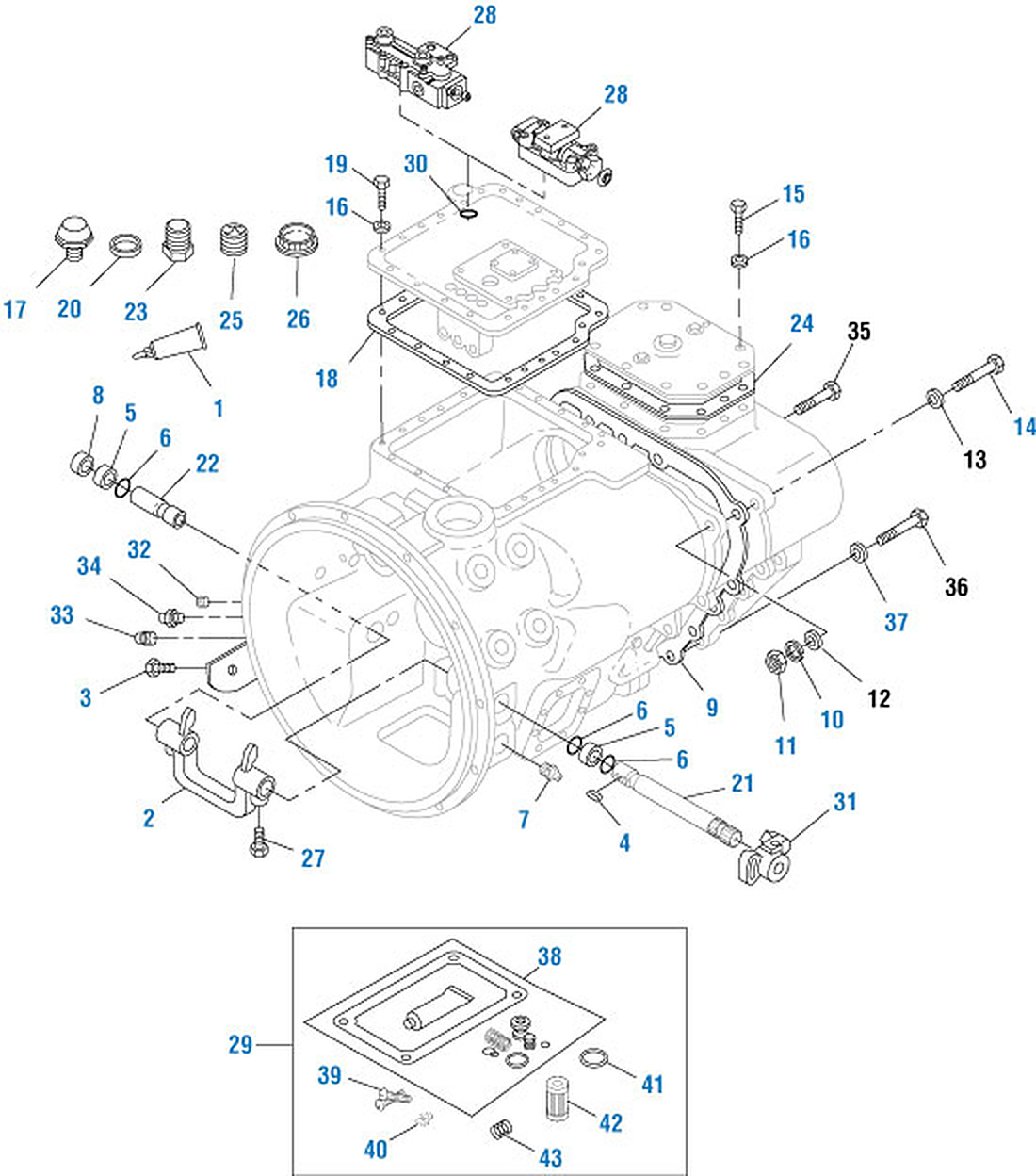 Mack T2130 / T2180 Transmission Compound and Main Case Assembly exploded-view diagram