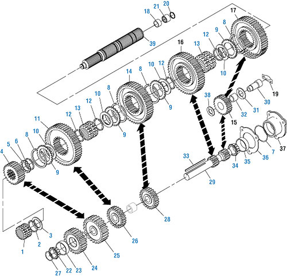 Mack T309L / T310 Transmission Main Case Components exploded-view diagram