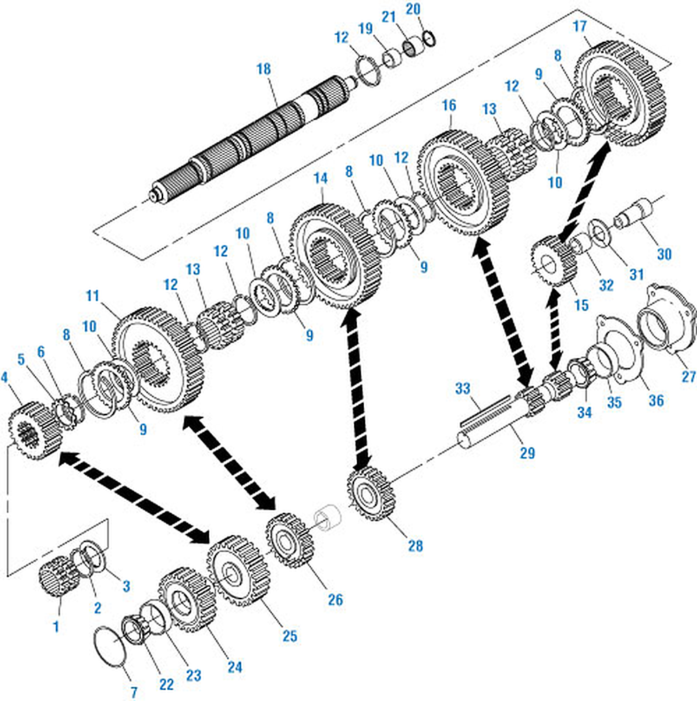 Mack T313L / T318L Transmission Main Case Components exploded-view diagram