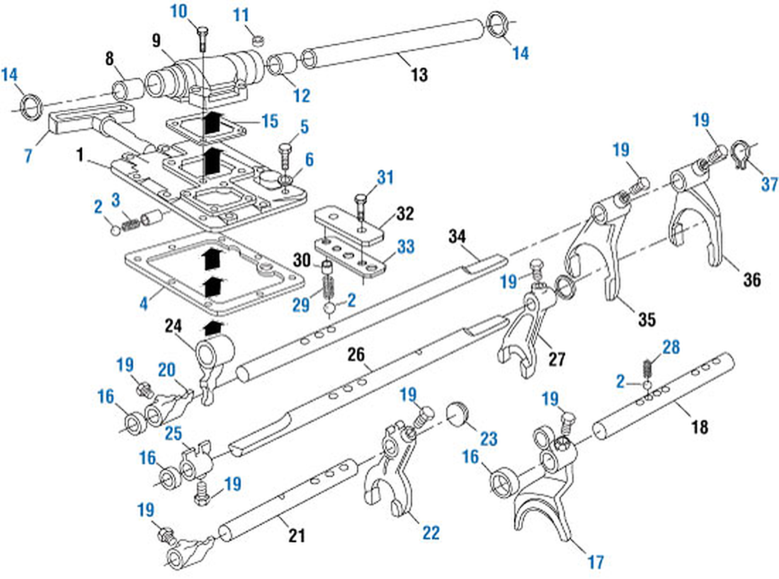 Diagrama de despiece: Componentes del mecanismo de cambio, Mack TRDXL-107