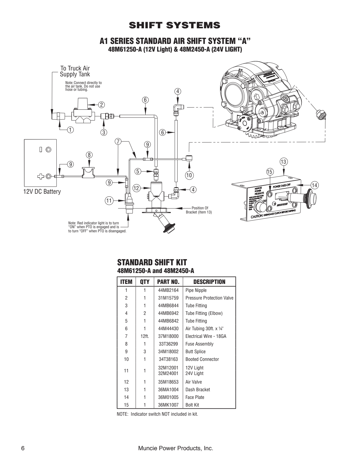 Muncie PTO A1 A1 Standard Air Shift System “A”: 48M61250-A (12V Light) & 48M2450-A (24V Light) exploded-view diagram