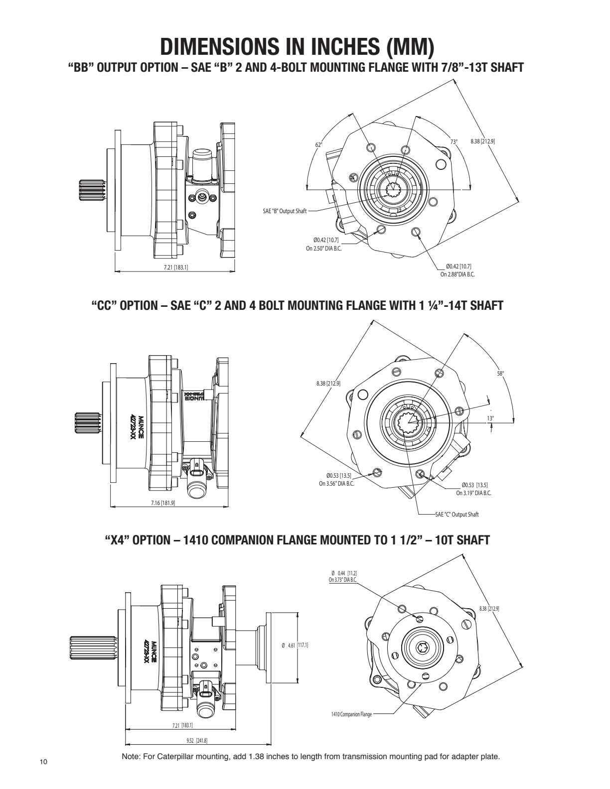 Diagrama despiezado: Dimensiones RC, la toma de fuerza Muncie RC