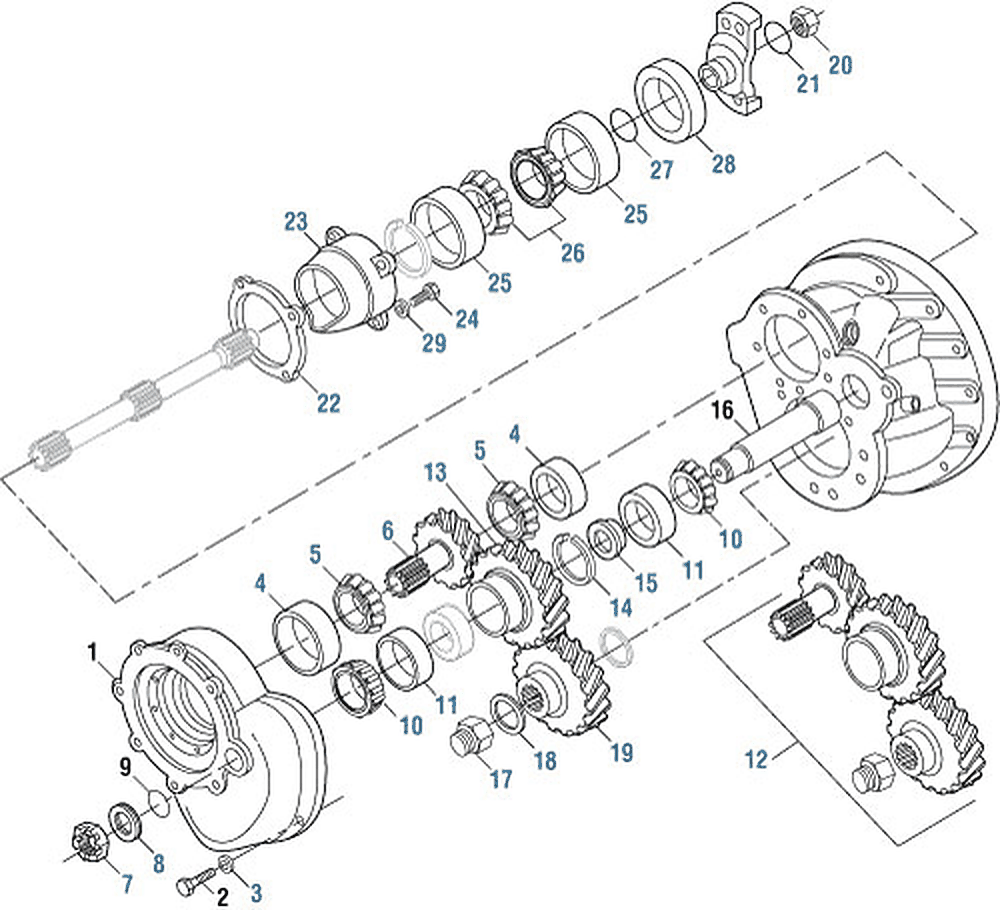 Diagrama de despiece: Componentes de la caja de descenso y de la flecha pasante delanteras del tándem, Meritor SQHD / SLHD