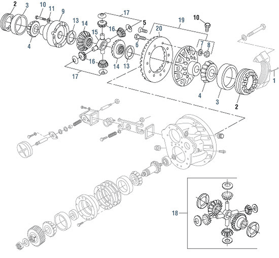 Diagrama de despiece: Componentes del diferencial delantero del tándem (continuación), Meritor SQHD / SLHD