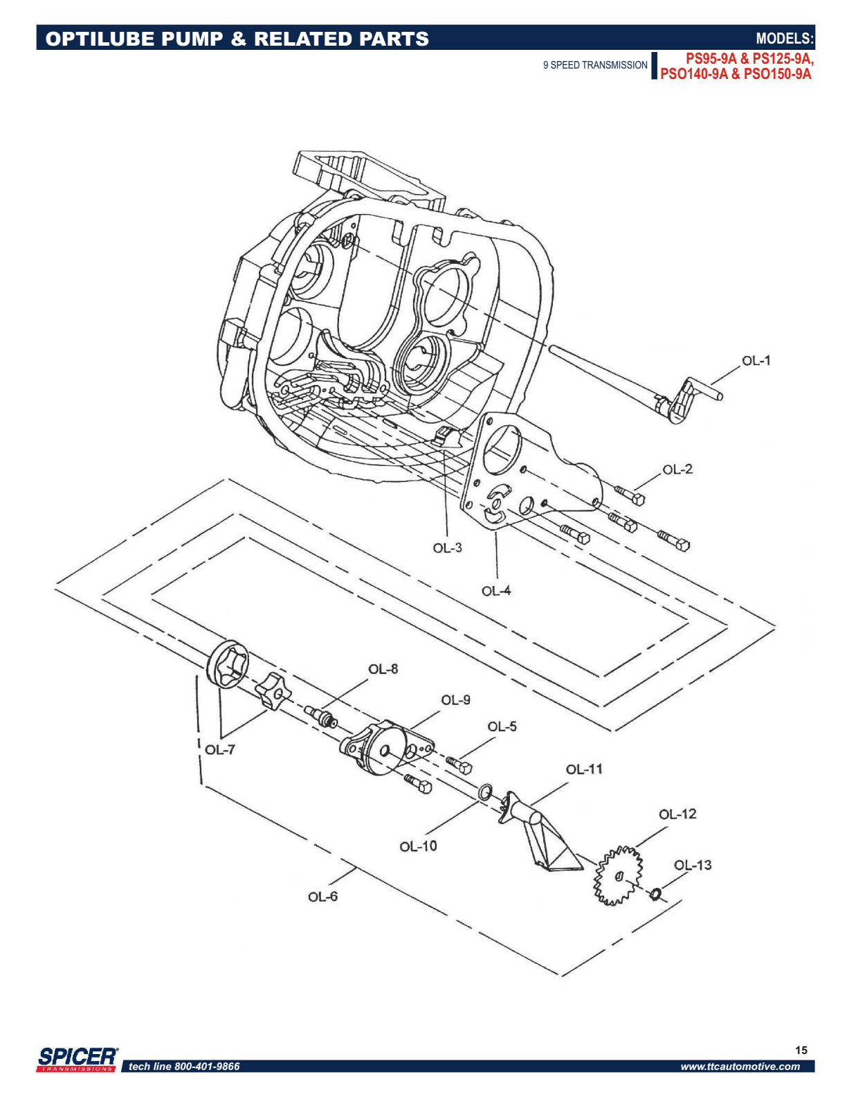 Spicer Transmission PS125-9A Optilube Pump & Related Parts Models: exploded-view diagram