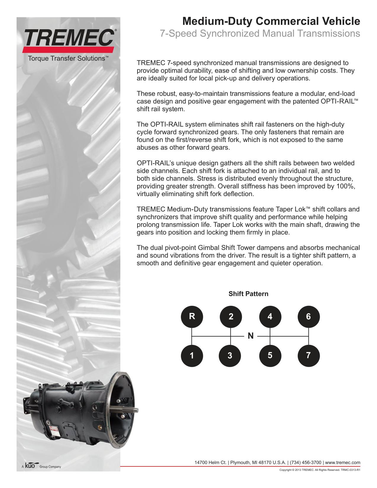 Spicer TTC 7-Speed Transmission Parts Manual page 1: TREMEC 7-speed synchronized manual transmissions are designed to